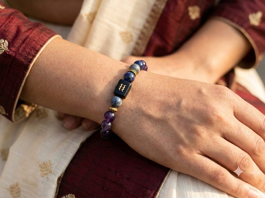 Certified Astrological Bracelet — Kumbh (Aquarius) — On-Wrist Lifestyle View